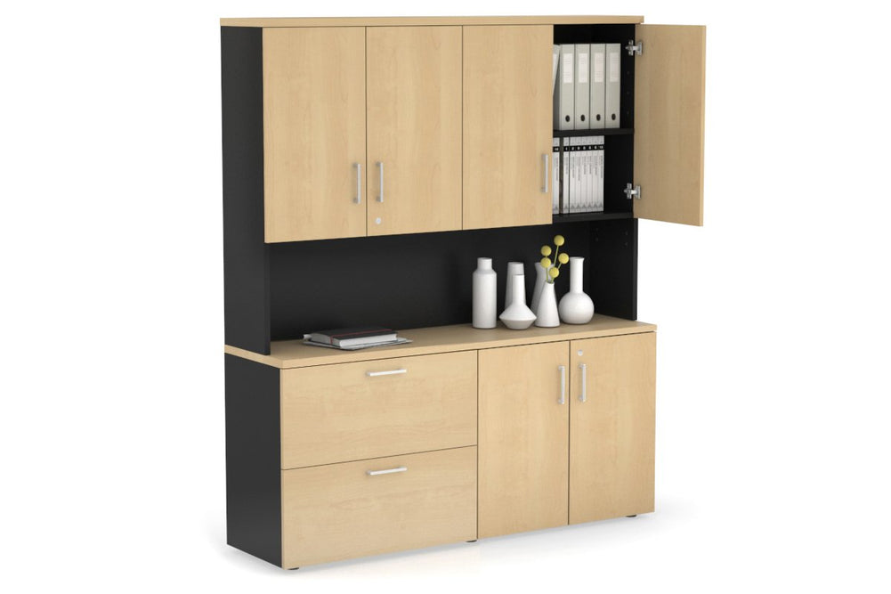 Uniform Small 2 Drawer Lateral File and 2 Door Cupboard - Hutch with Doors-Black maple white handle