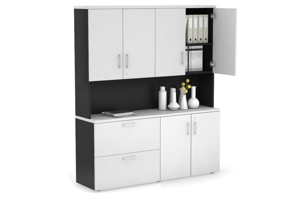 Uniform Small 2 Drawer Lateral File and 2 Door Cupboard - Hutch with Doors-Black white white handle