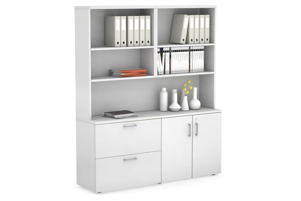 Uniform Small 2 Drawer Lateral File and 2 Door Cupboard with Open Hutch-White white silver handle