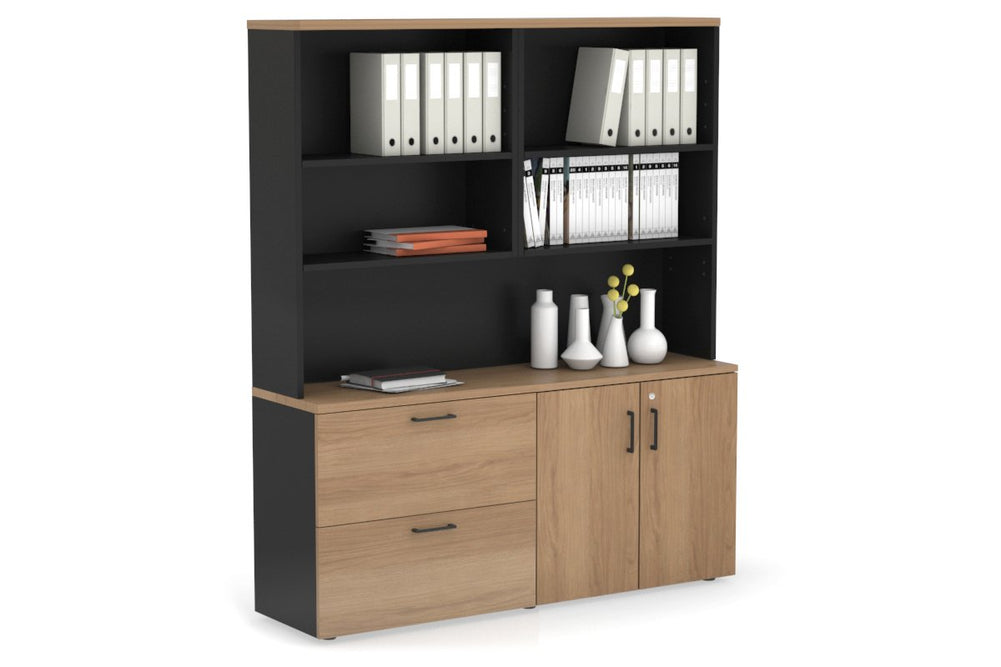Uniform Small 2 Drawer Lateral File and 2 Door Cupboard with Open Hutch-Black salvage oak black handle