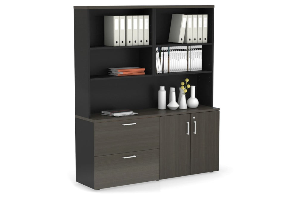 Uniform Small 2 Drawer Lateral File and 2 Door Cupboard with Open Hutch-Black dark oak white handle