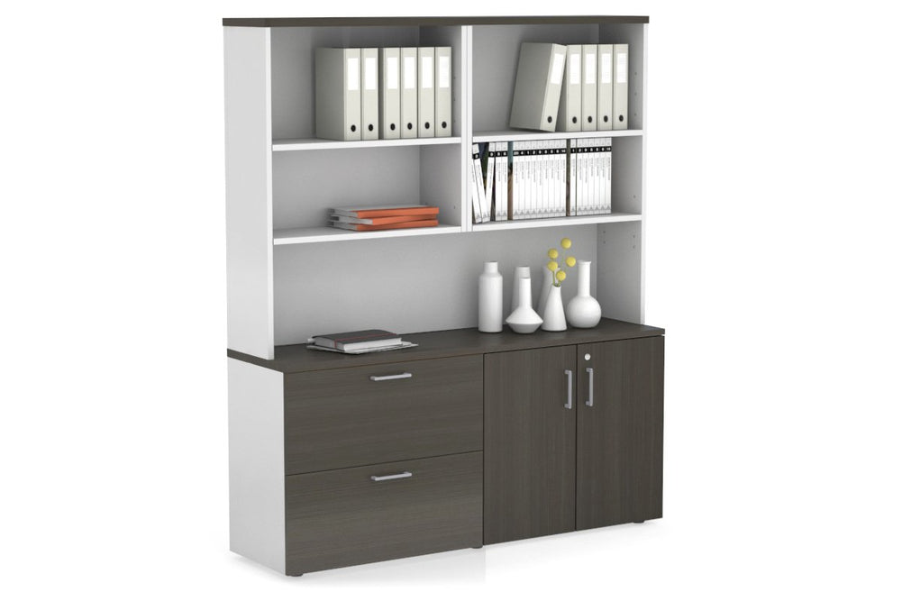 Uniform Small 2 Drawer Lateral File and 2 Door Cupboard with Open Hutch-White dark oak silver handle