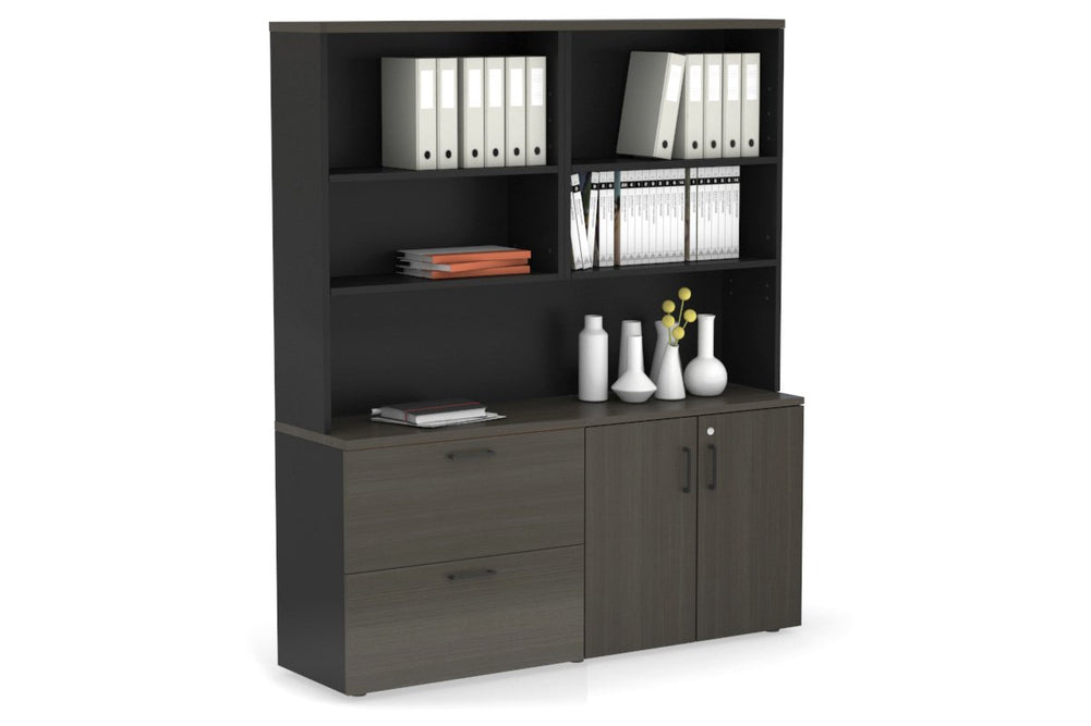 Uniform Small 2 Drawer Lateral File and 2 Door Cupboard with Open Hutch-Black dark oak black handle