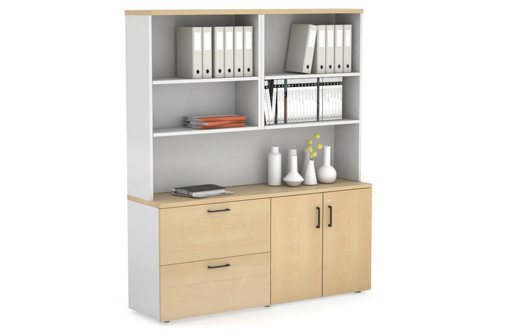 Uniform Small 2 Drawer Lateral File and 2 Door Cupboard with Open Hutch-White maple black handle