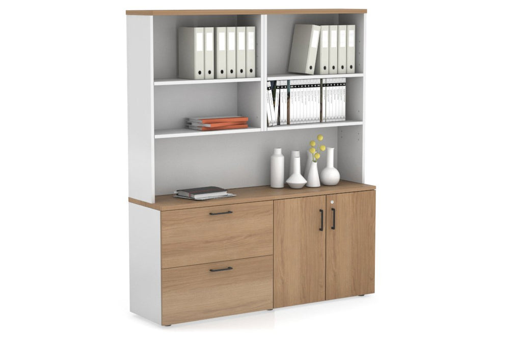 Uniform Small 2 Drawer Lateral File and 2 Door Cupboard with Open Hutch-White salvage oak black handle