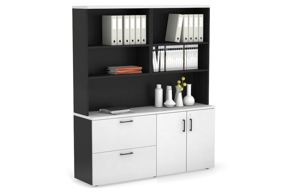 Uniform Small 2 Drawer Lateral File and 2 Door Cupboard with Open Hutch-Black white black handle