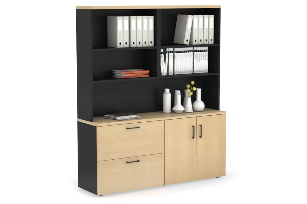 Uniform Small 2 Drawer Lateral File and 2 Door Cupboard with Open Hutch-Black maple black handle