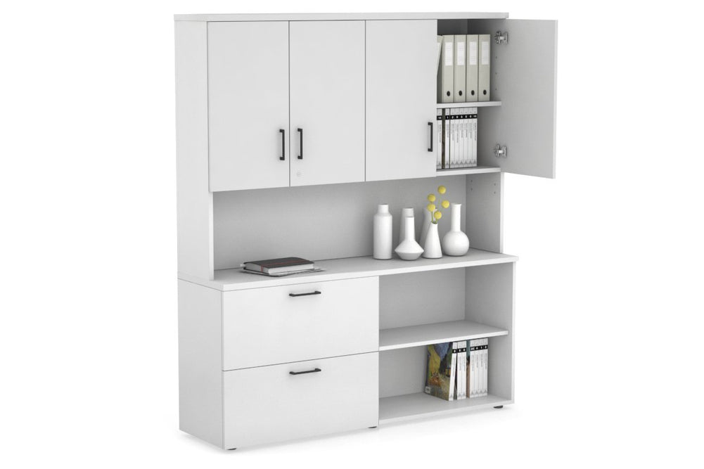 Uniform Small 2 Filing Drawer and Open Storage Unit - Hutch with Doors-White white black handle