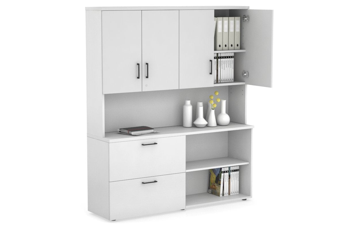 Uniform Small 2 Filing Drawer and Open Storage Unit - Hutch with Doors Jasonl White white black handle