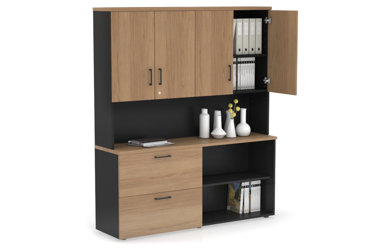 Uniform Small 2 Filing Drawer and Open Storage Unit - Hutch with Doors Jasonl Black salvage oak black handle