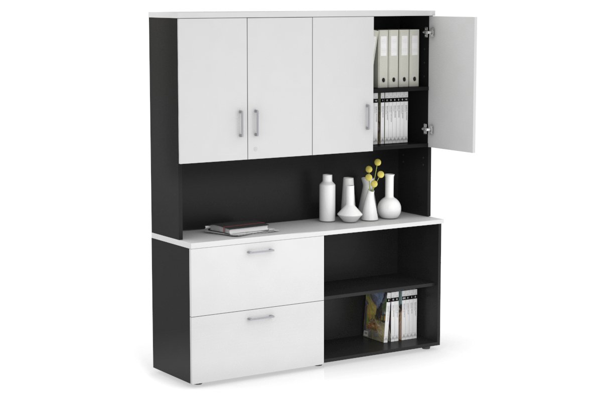 Uniform Small 2 Filing Drawer and Open Storage Unit - Hutch with Doors Jasonl Black white silver handle