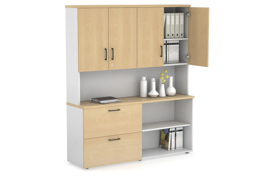 Uniform Small 2 Filing Drawer and Open Storage Unit - Hutch with Doors Jasonl White maple black handle
