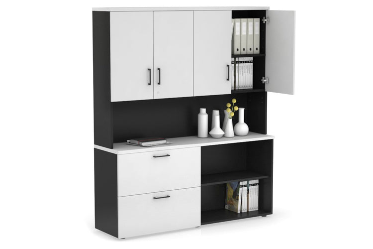 Uniform Small 2 Filing Drawer and Open Storage Unit - Hutch with Doors Jasonl Black white black handle