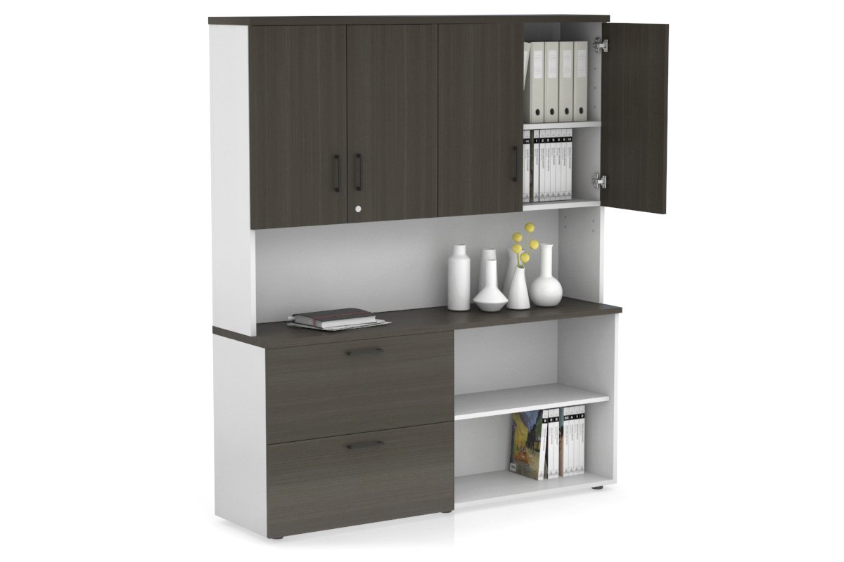 Uniform Small 2 Filing Drawer and Open Storage Unit - Hutch with Doors Jasonl White dark oak black handle