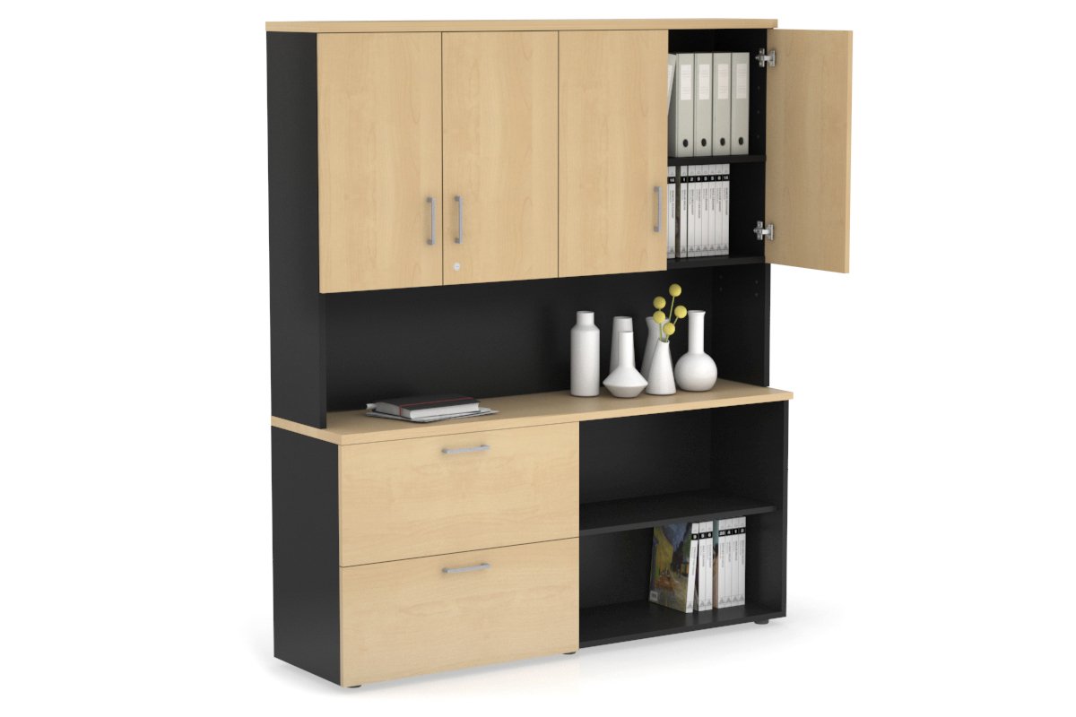 Uniform Small 2 Filing Drawer and Open Storage Unit - Hutch with Doors Jasonl Black maple silver handle
