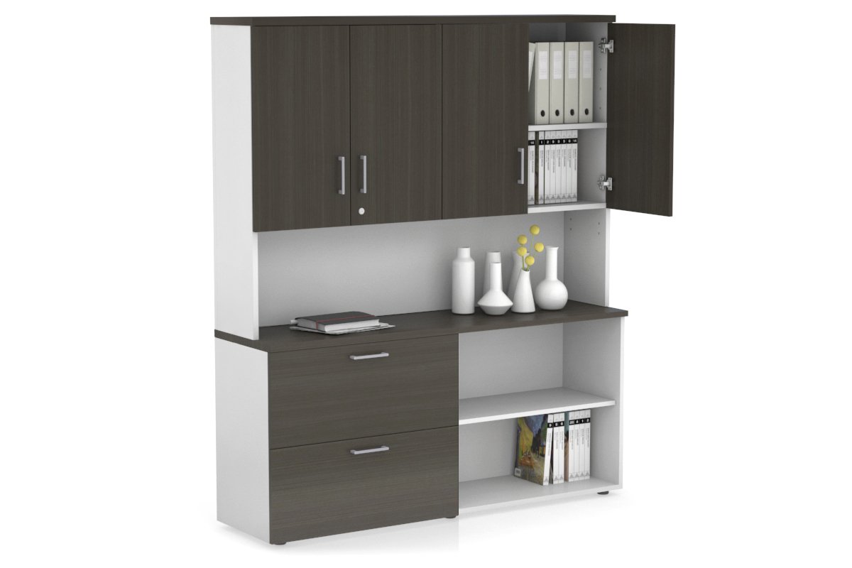 Uniform Small 2 Filing Drawer and Open Storage Unit - Hutch with Doors Jasonl White dark oak silver handle