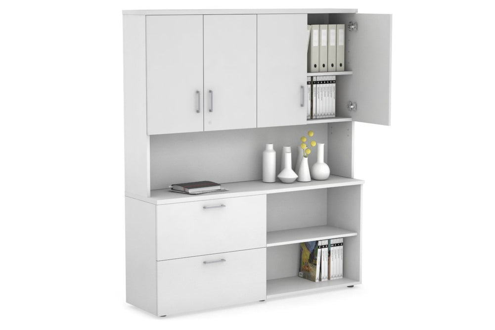 Uniform Small 2 Filing Drawer and Open Storage Unit - Hutch with Doors-White white silver handle
