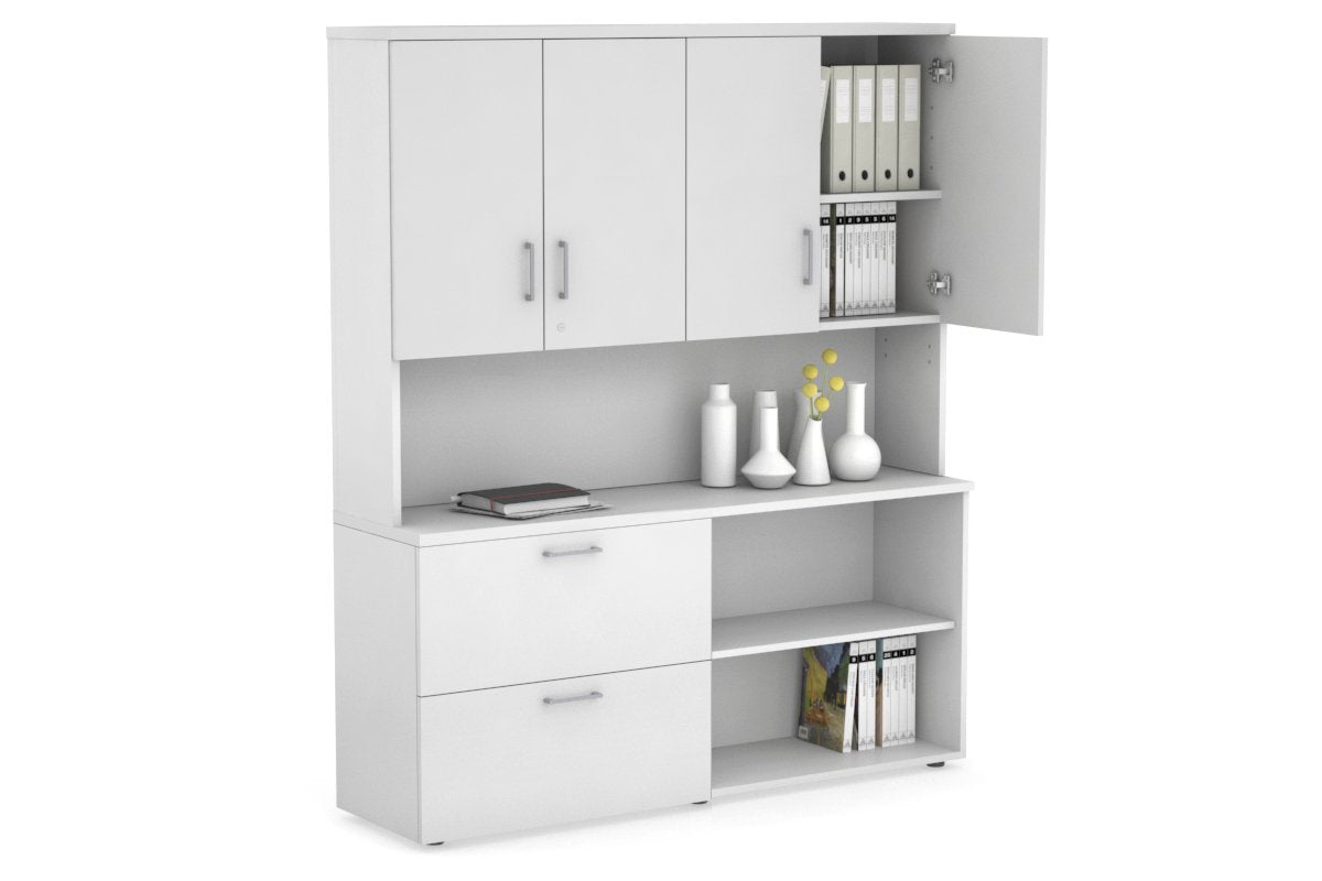 Uniform Small 2 Filing Drawer and Open Storage Unit - Hutch with Doors Jasonl White white silver handle