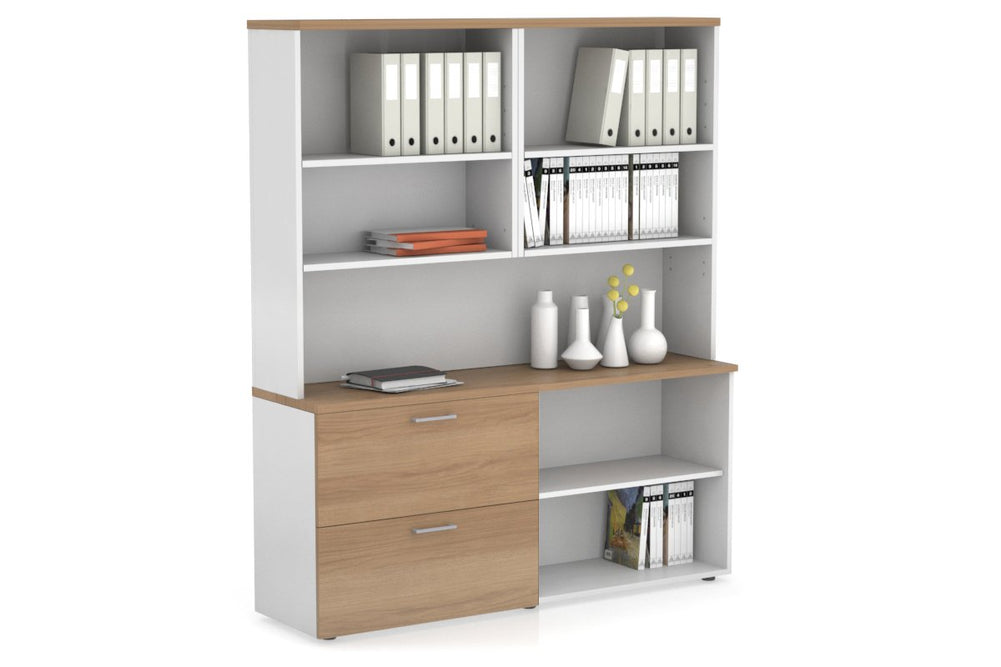 Uniform Small 2 Filing Drawer and Open Storage Unit with Open Hutch-White salvage oak silver handle