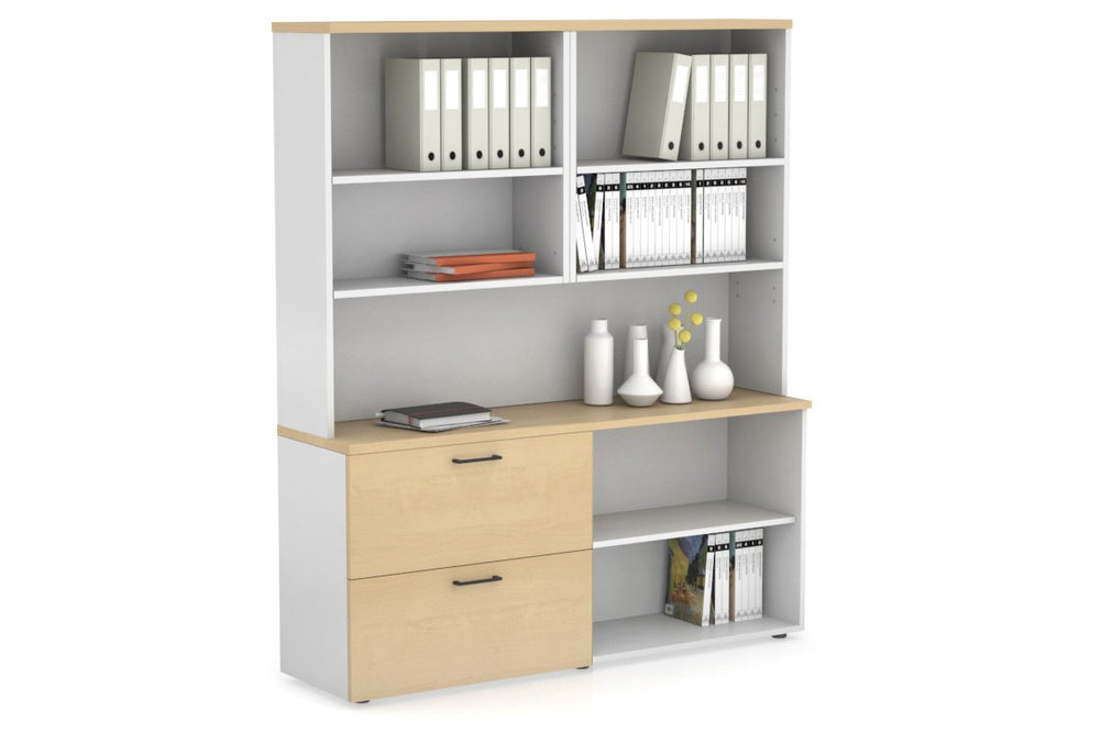 Uniform Small 2 Filing Drawer and Open Storage Unit with Open Hutch-White maple black handle