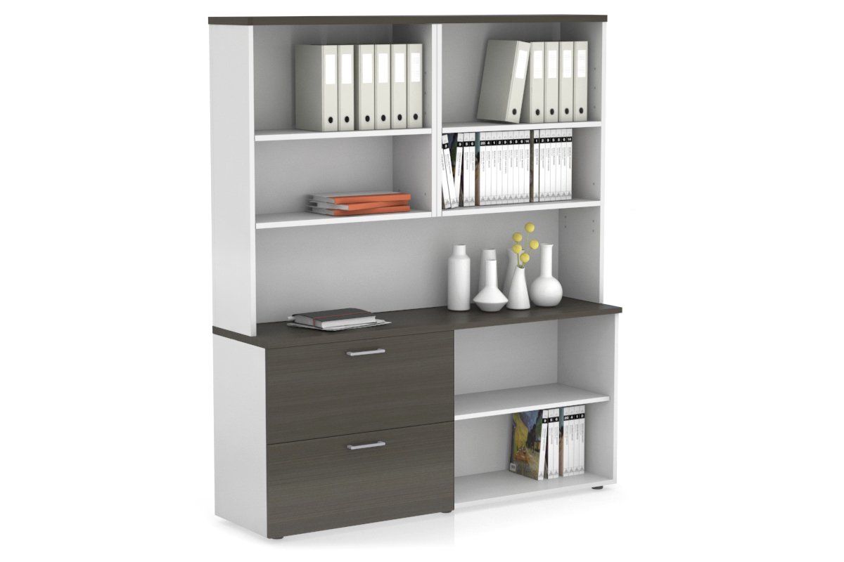 Uniform Small 2 Filing Drawer and Open Storage Unit with Open Hutch Jasonl White dark oak silver handle