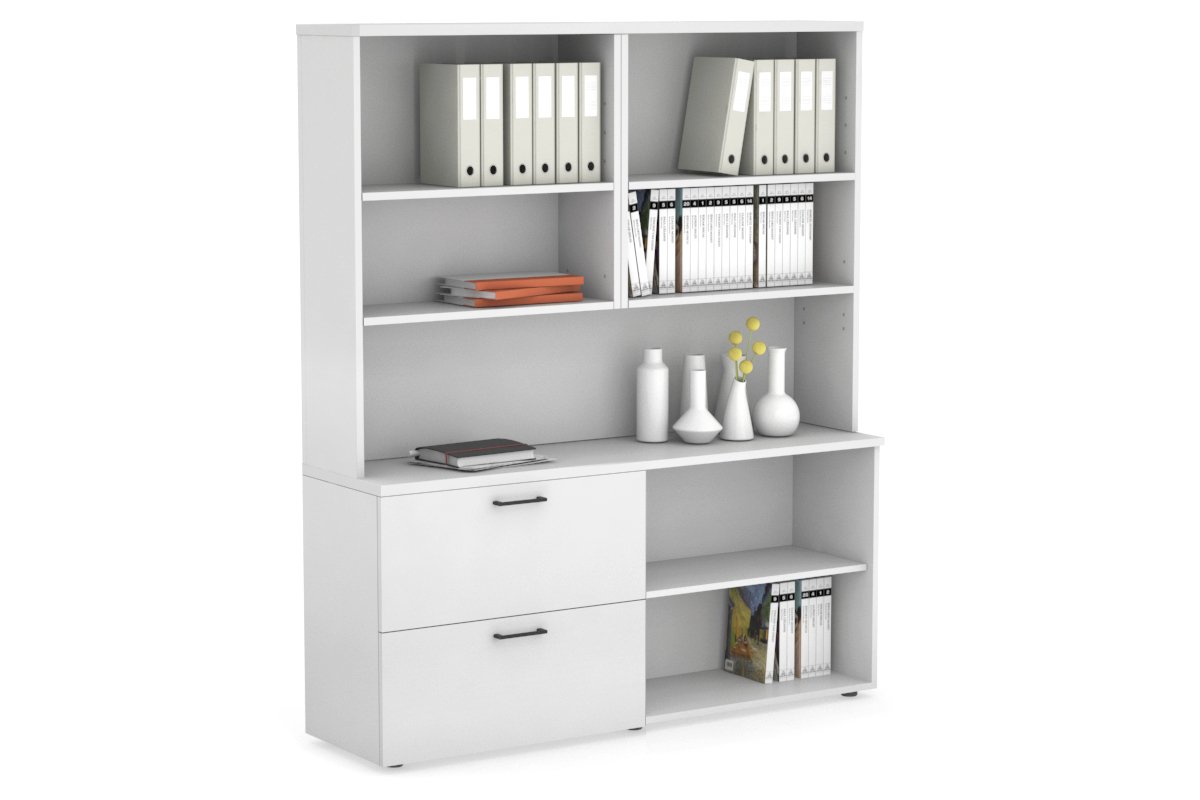 Uniform Small 2 Filing Drawer and Open Storage Unit with Open Hutch Jasonl White white black handle