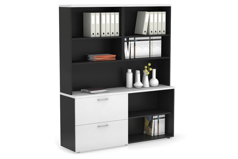 Uniform Small 2 Filing Drawer and Open Storage Unit with Open Hutch-Black white silver handle
