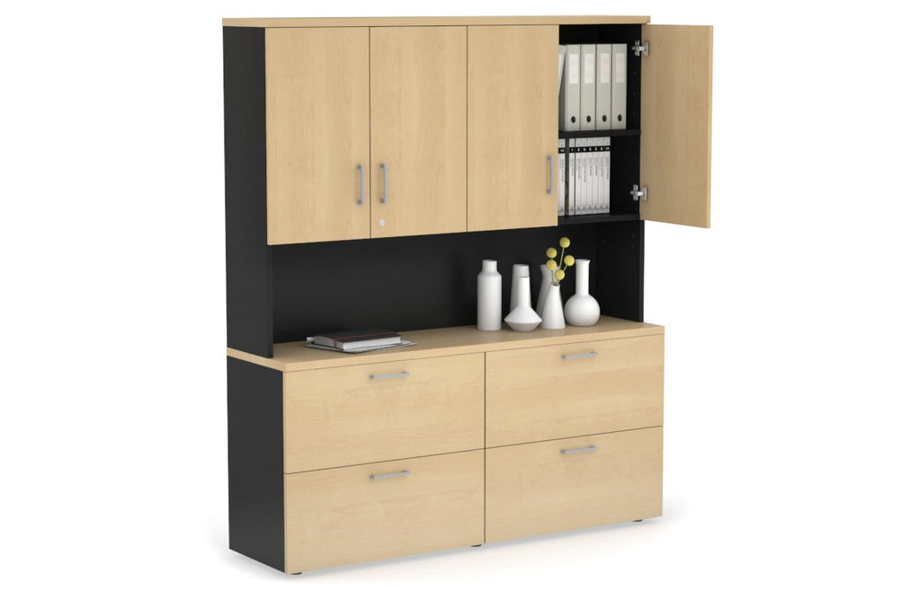 Uniform Small Drawer Lateral Filing Cabinet - Hutch with Doors [ 1600W x 750H x 450D]-Black maple silver handle