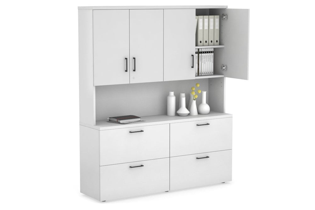Uniform Small Drawer Lateral Filing Cabinet - Hutch with Doors [ 1600W x 750H x 450D]-White white black handle