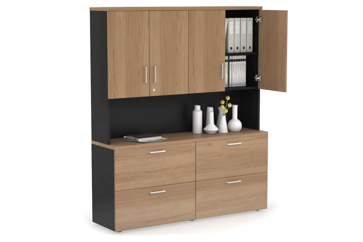 Uniform Small Drawer Lateral Filing Cabinet - Hutch with Doors [ 1600W x 750H x 450D]-Black salvage oak white handle