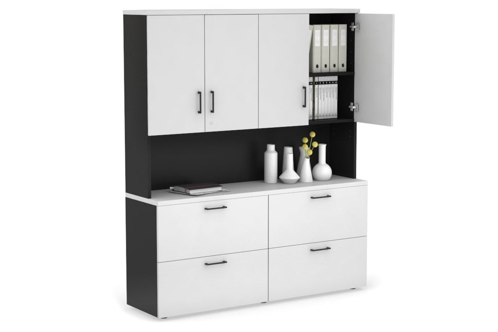 Uniform Small Drawer Lateral Filing Cabinet - Hutch with Doors [ 1600W x 750H x 450D]-Black white black handle
