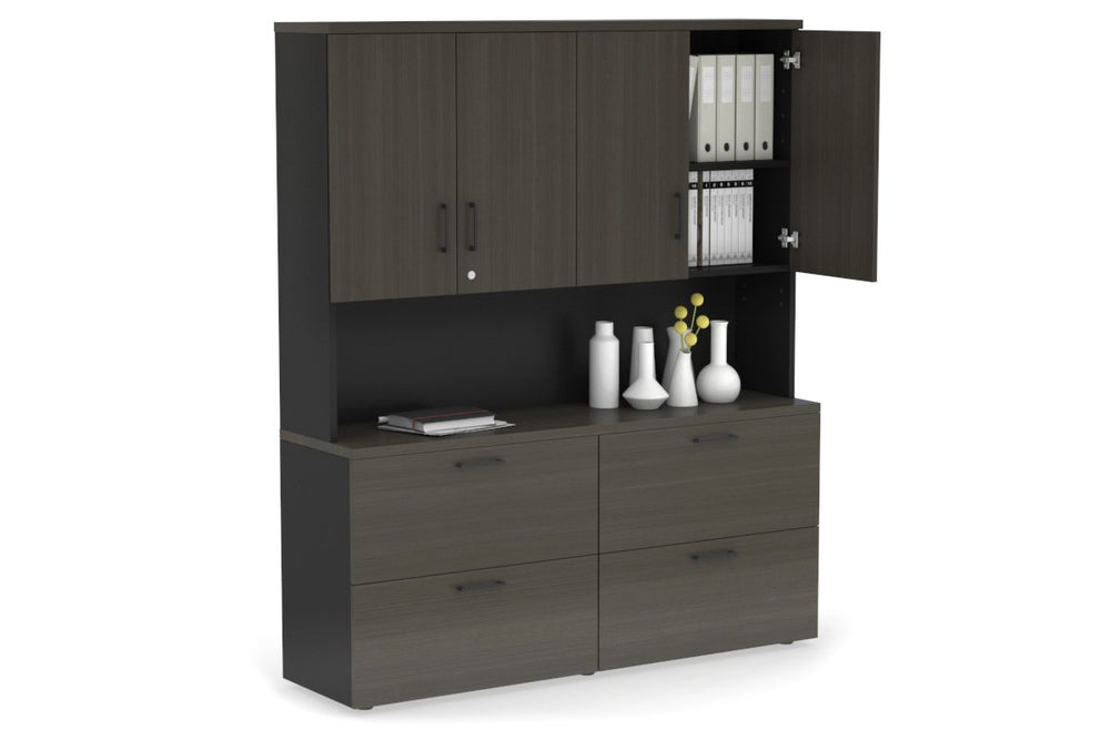 Uniform Small Drawer Lateral Filing Cabinet - Hutch with Doors [ 1600W x 750H x 450D]-White dark oak black handle
