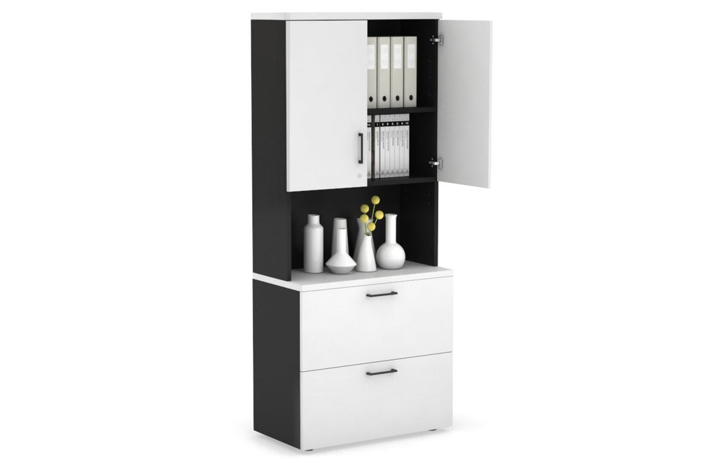Uniform Small Drawer Lateral Filing Cabinet - Hutch with Doors [ 800W x 750H x 450D]-Black white black handle