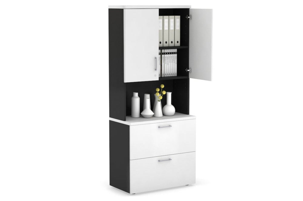 Uniform Small Drawer Lateral Filing Cabinet - Hutch with Doors [ 800W x 750H x 450D]-Black white silver handle