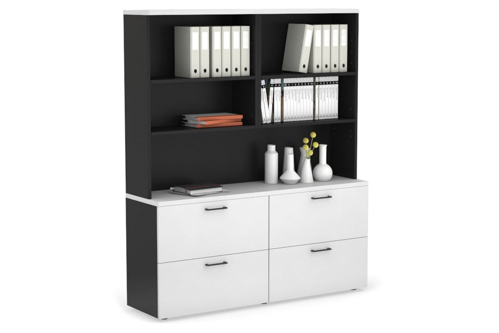 Uniform Small Drawer Lateral Filing Cabinet with Open Hutch [ 1600W x 750H x 450D]-Black white black handle