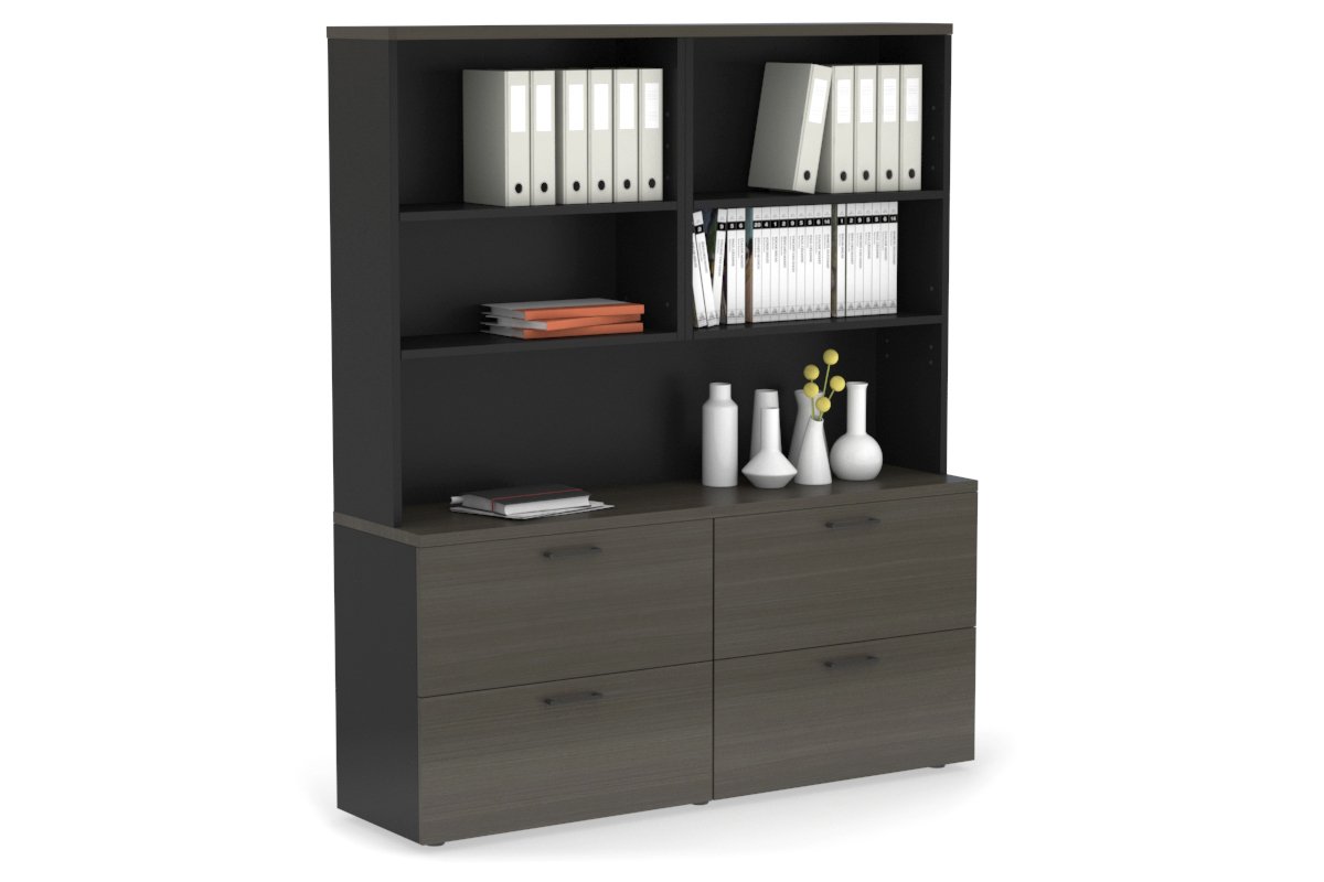 Uniform Small Drawer Lateral Filing Cabinet with Open Hutch [ 1600W x 750H x 450D] Jasonl Black dark oak black handle