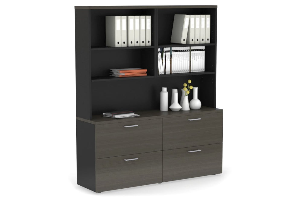 Uniform Small Drawer Lateral Filing Cabinet with Open Hutch [ 1600W x 750H x 450D]-Black dark oak silver handle