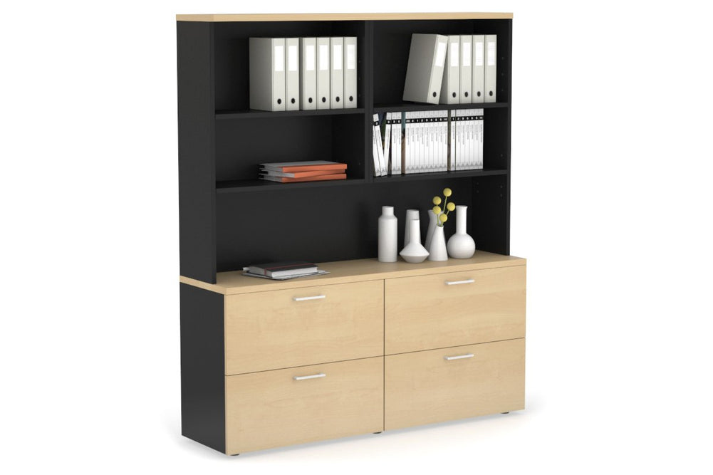 Uniform Small Drawer Lateral Filing Cabinet with Open Hutch [ 1600W x 750H x 450D]-Black maple white handle