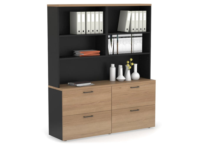 Uniform Small Drawer Lateral Filing Cabinet with Open Hutch [ 1600W x 750H x 450D] Jasonl Black salvage oak black handle