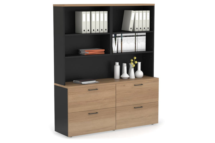 Uniform Small Drawer Lateral Filing Cabinet with Open Hutch [ 1600W x 750H x 450D] Jasonl Black salvage oak black handle
