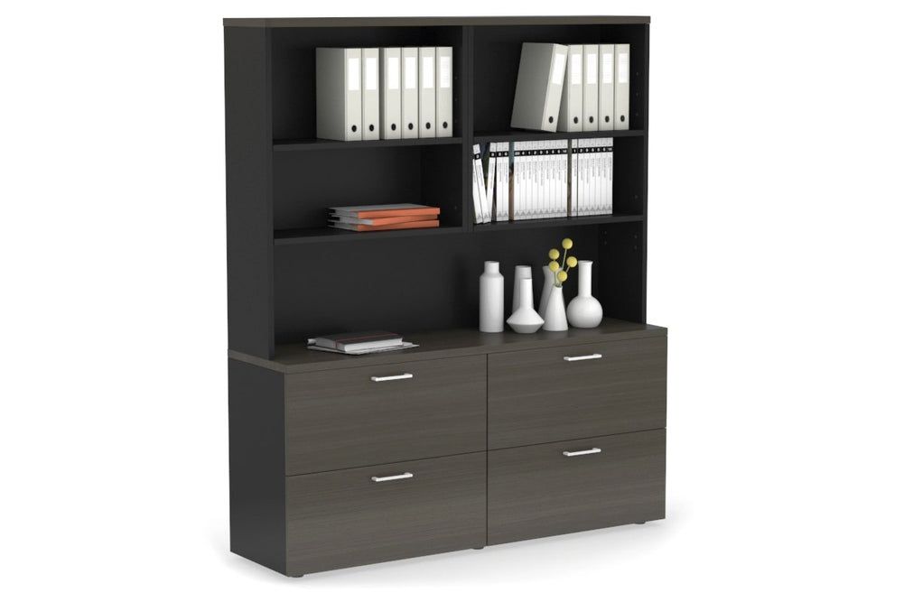 Uniform Small Drawer Lateral Filing Cabinet with Open Hutch [ 1600W x 750H x 450D]-Black dark oak white handle