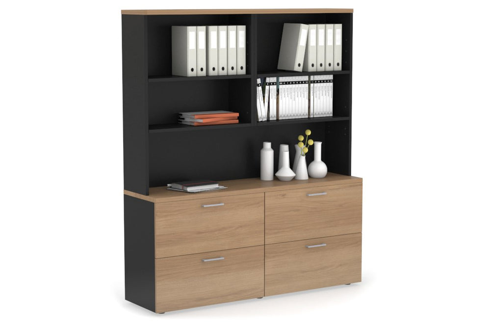 Uniform Small Drawer Lateral Filing Cabinet with Open Hutch [ 1600W x 750H x 450D]-Black salvage oak silver handle