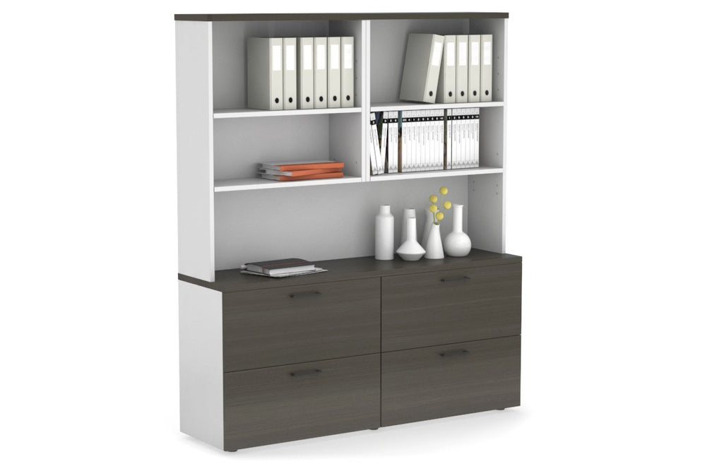 Uniform Small Drawer Lateral Filing Cabinet with Open Hutch [ 1600W x 750H x 450D]-White dark oak black handle