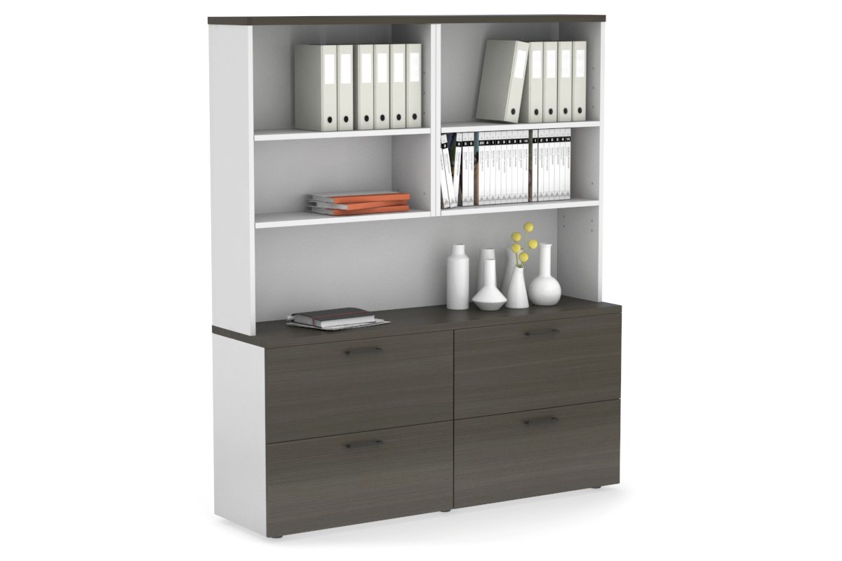 Uniform Small Drawer Lateral Filing Cabinet with Open Hutch [ 1600W x 750H x 450D] Jasonl White dark oak black handle