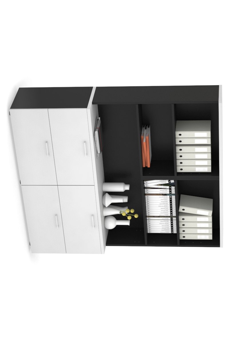 Uniform Small Drawer Lateral Filing Cabinet with Open Hutch [ 1600W x 750H x 450D]-Black white white handle