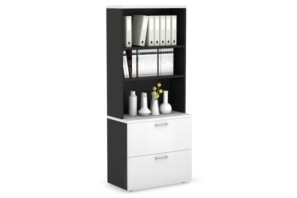Uniform Small Drawer Lateral Filing Cabinet with Open Hutch [ 800W x 750H x 450D]-Black white silver handle