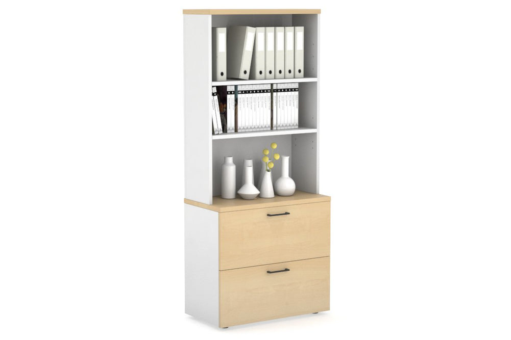 Uniform Small Drawer Lateral Filing Cabinet with Open Hutch [ 800W x 750H x 450D]-White maple black handle
