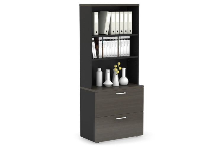 Uniform Small Drawer Lateral Filing Cabinet with Open Hutch [ 800W x 750H x 450D] Jasonl Black dark oak white handle