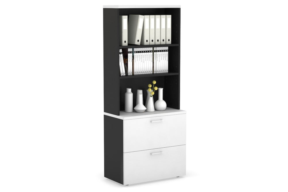 Uniform Small Drawer Lateral Filing Cabinet with Open Hutch [ 800W x 750H x 450D]-Black white white handle