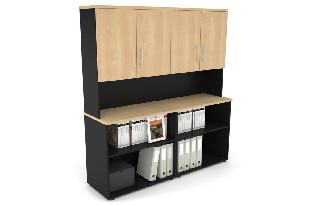 Uniform Small Open Bookcase - Hutch with Doors [1600W x 750H x 450D]-Black maple white handle